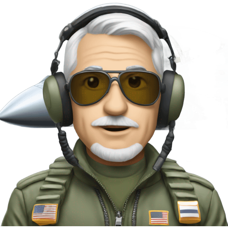 Old fighter pilot wearing g-suit standing beside F-16  emoji