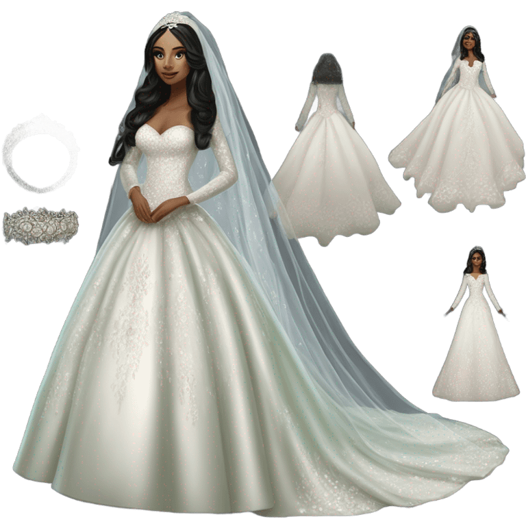 Hyper Realistic ornate ballgown long sleeve Wedding dress with diamanté on Russian bride with pale skin and green eyes and long black hair with veil hyper realistic  emoji