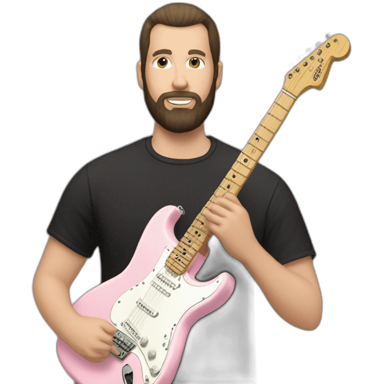 white man with dark beard and black t shirt and pastel pink stratocaster electric guitar emoji