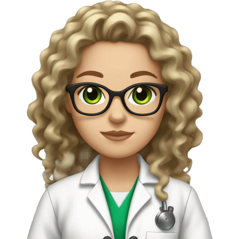 white girl with long balayage curly hair and green eyes with glasses in a lab coat emoji