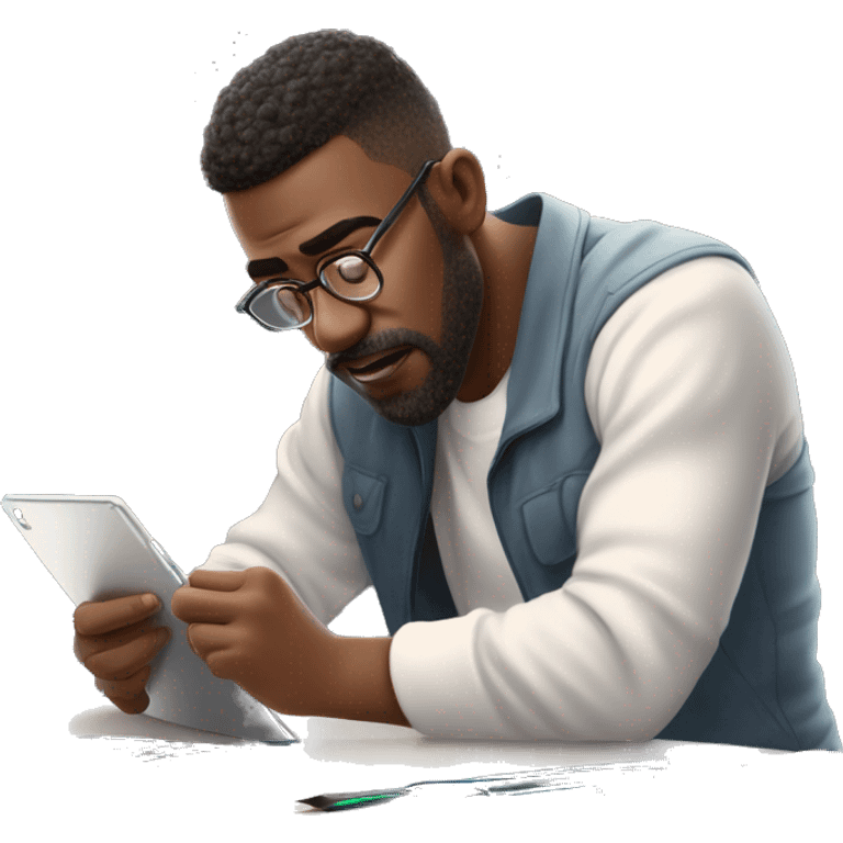 👨‍🎨📱✍️ A creative man is focused, drawing on an iPad with a stylus. He has a look of concentration on his face, using the iPad placed on a table. The background is bright, with art tools like brushes and pencils around him. 🎨 emoji