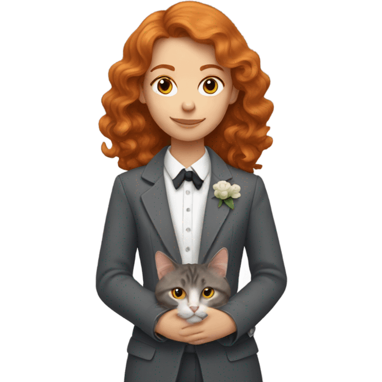 a girl with wavy ginger hair with a grey tuxedo cat emoji