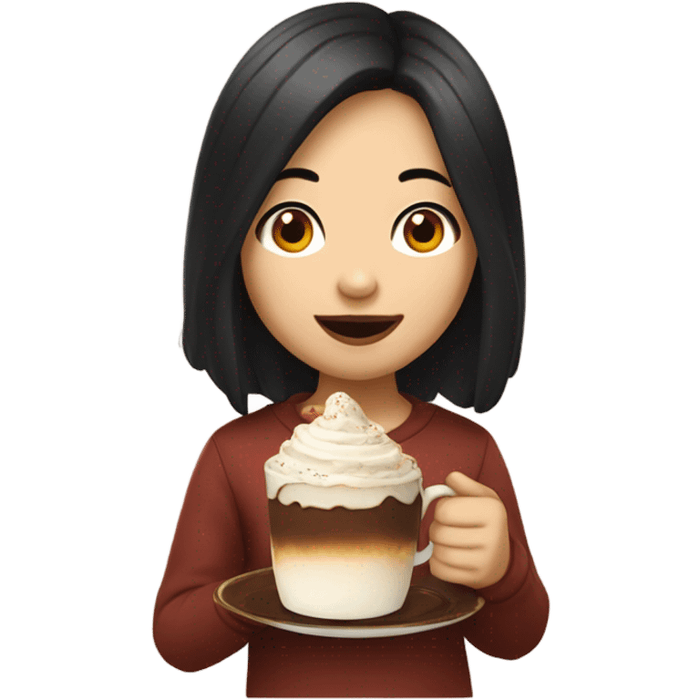 An Asian girl with black slightly wavy hair with no bangs enjoying a piece of victoria cake with a cup of hot chocolate emoji