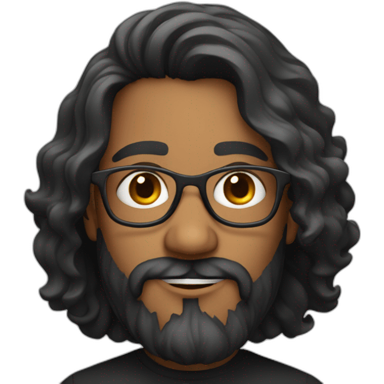 Indian man with long wavy hair, well groomed beard, glasses and a black tee emoji