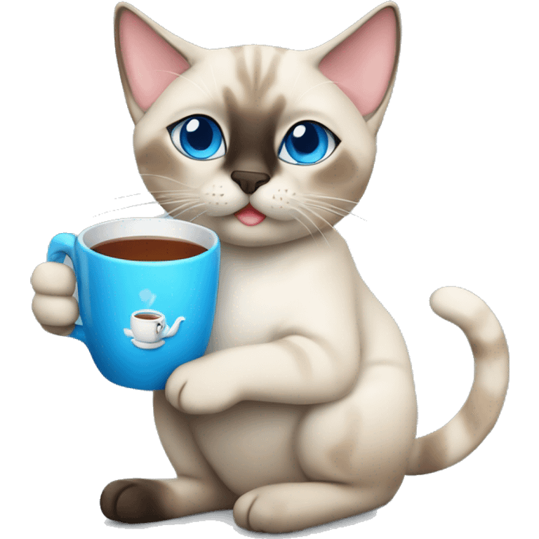 blue eyed siamese Tabby mixed cat holding a cup of tea emoji