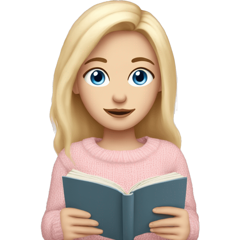 Pretty blue eyed white girl with light pink sweater reading cozy emoji