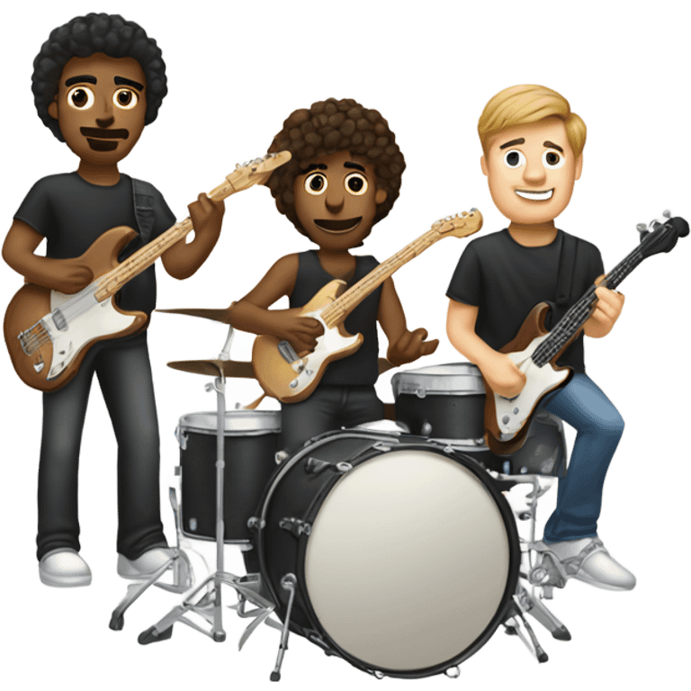 3 band members: brown man playing guitar, brown girl playing bass guitar, and white guy playing drumset emoji