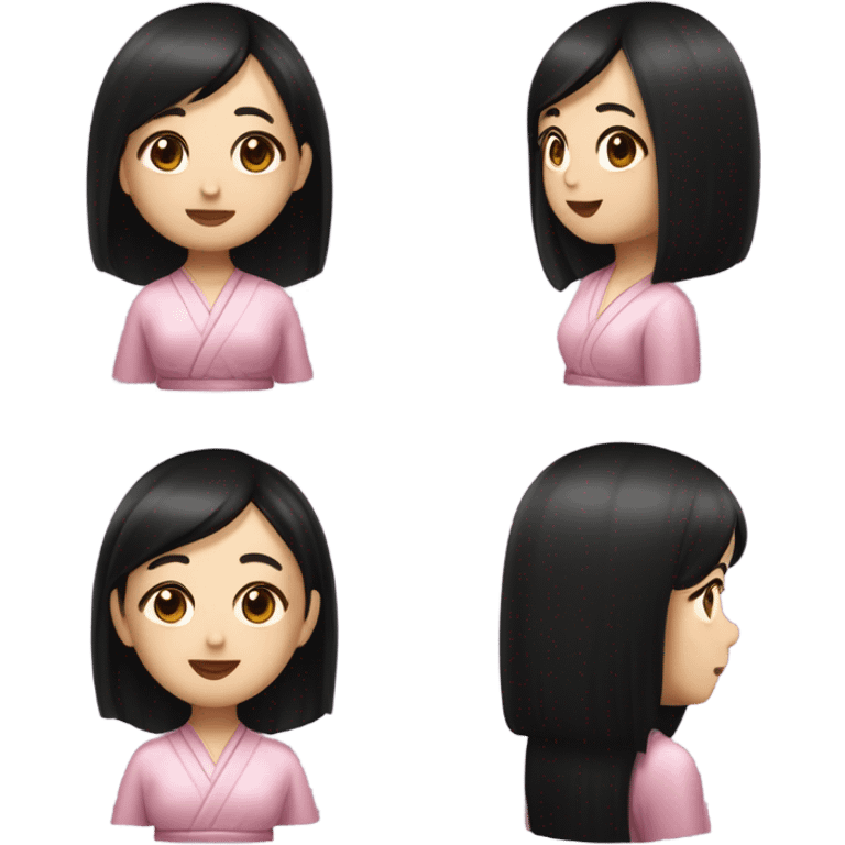 Super gorgeous and cute white asian woman with ultra long dark brown straight slightly wavy hair with straight bangs with beautiful brown eyes plump pink glossy lips a little blush and wearing a gorgeous black silk robe emoji