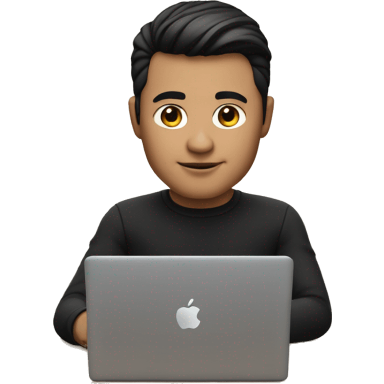     memoji of a man with a laptop in front, apple-style,modern,dark hair,black sweater,computer in hand,sitting on his desk emoji