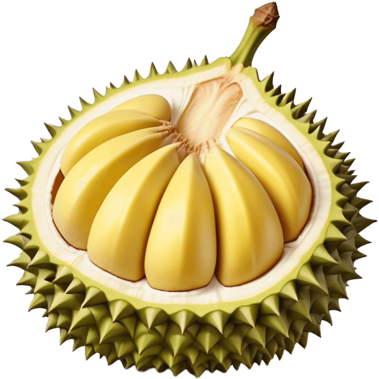 Cinematic Realistic Durian Fruit Dish Emoji, depicted as the notorious spiky fruit with a rich, custardy interior rendered with lifelike detail and bold, distinctive lighting. emoji