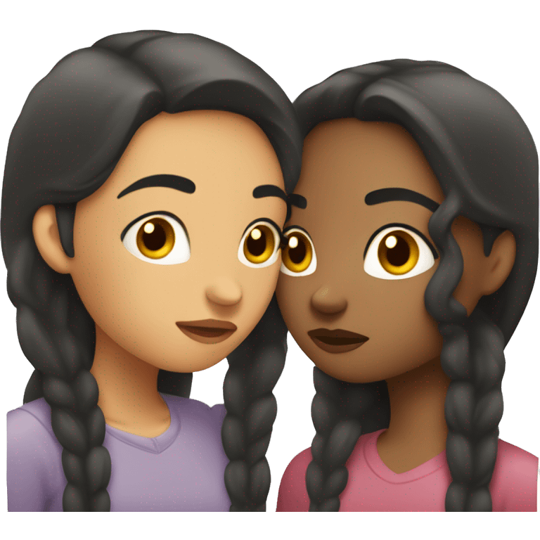 Two lesbians kissing on the lips. Both have long dark hair. Their skin color is white. emoji