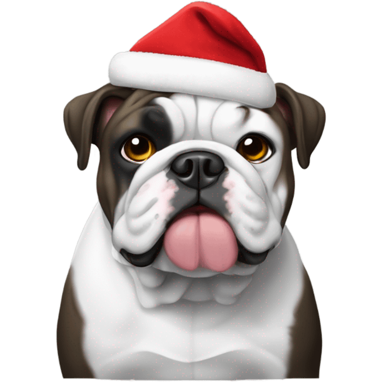 Black and white English bulldog. Wearing a Santa hat emoji