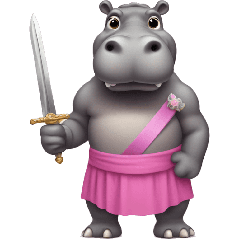 Hippopotamus wearing pink dress and carrying a sword emoji