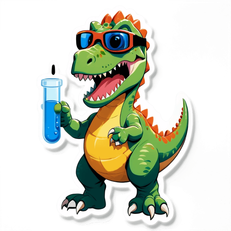 dinosaur holding a test tube with safety goggles emoji