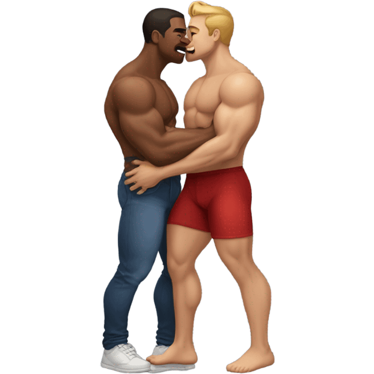 Two men with muscly legs holding eachother and kissing emoji