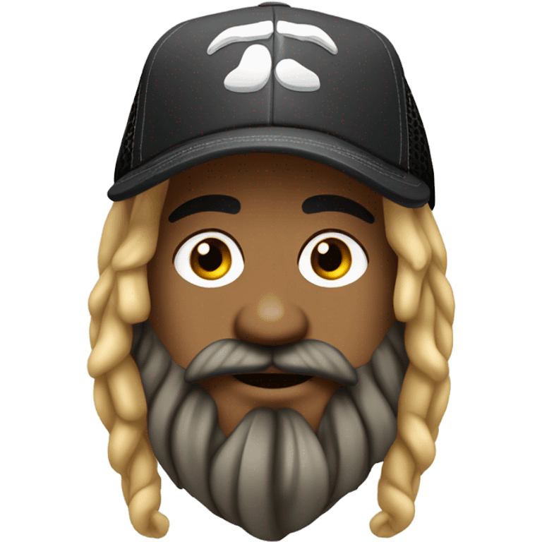 Guy with  blonde and black dreadlocks tied behind head, , with beard and mustache, a trucker hat, septum ring emoji