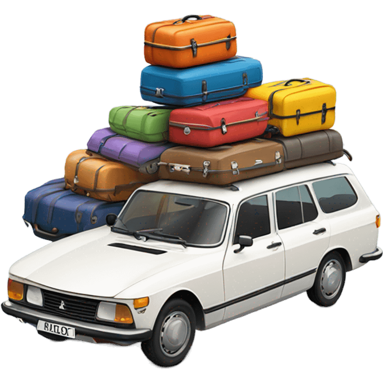 a white peugeot 504 break with colorful luggage on the roof emoji