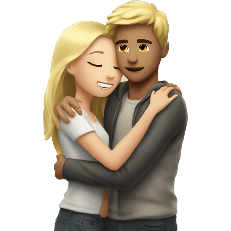 A blond guy hugs a brunette girl at the sea kiss emoji