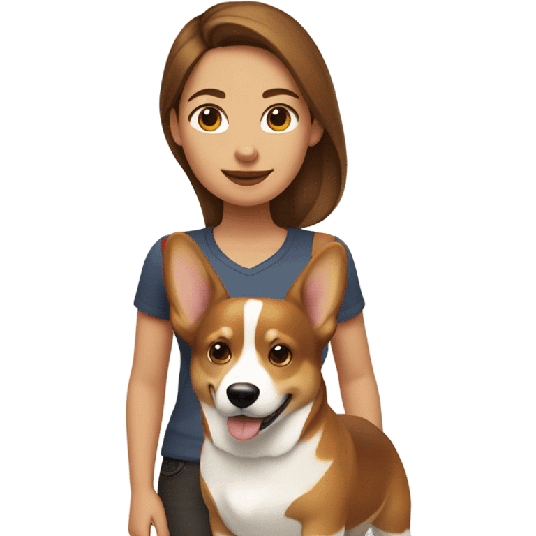 A girl with a beige skin and brown hair with her dog corgi emoji