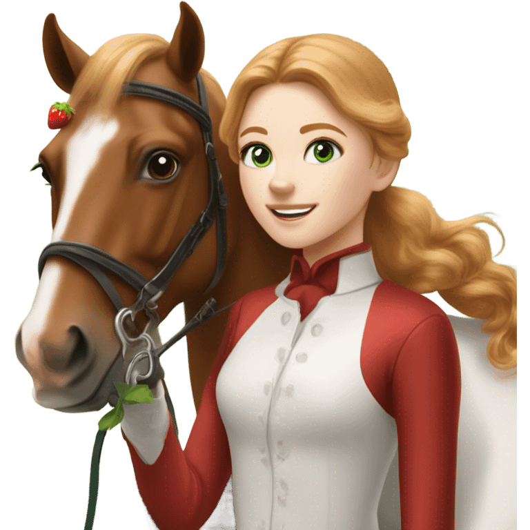 Extremely attractive and feminine white teen girl with green eyes and medium length strawberry blonde hair wearing traditional English riding gear giving a treat to a brown and white paint horse emoji