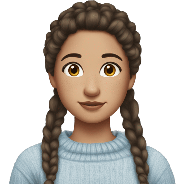 teenage girl, hispanic, freckles, afro brown hair, pony tail, medium length hair, brown eyes, light blue sweater, winter sweater, freckle emoji