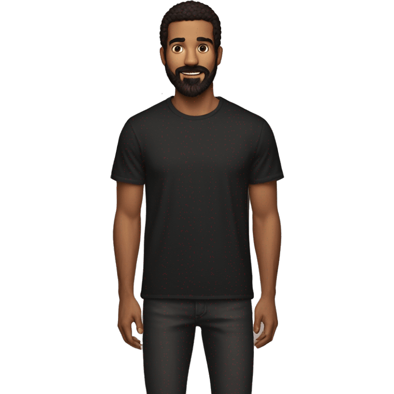 young man with medium size dark brown hair to front, iphone in hands, black oversized t shirt, the zappa beard emoji