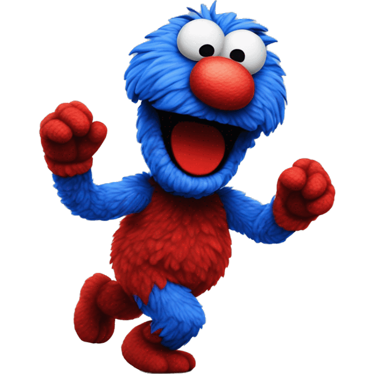 a blue and red elmo running around in a panc emoji