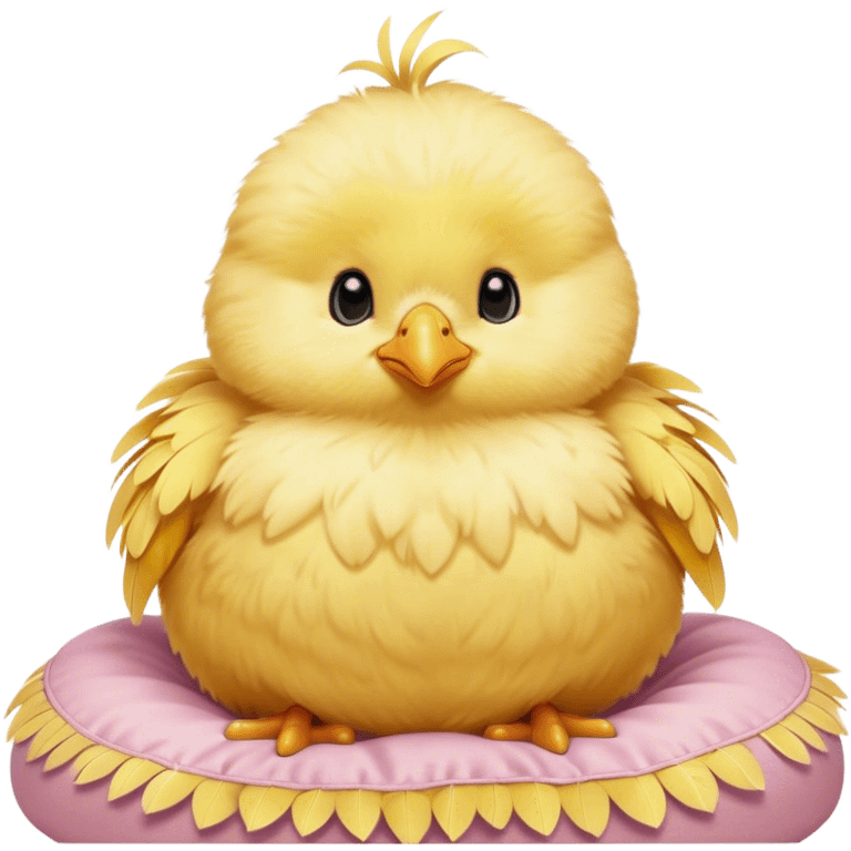 Cinematic round fluffy chick, golden yellow, tiny beak and feet, soft downy feathers, sparkling gentle eyes, sitting on a pastel-colored cushion, radiating warmth and sweetness. emoji