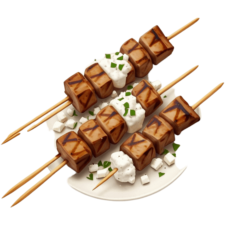 Souvlaki Cinematic Realistic Souvlaki Dish Emoji, depicted as skewered, grilled meat served with a side of crumbled feta cheese, rendered with rich textures and dynamic, appetizing lighting. emoji