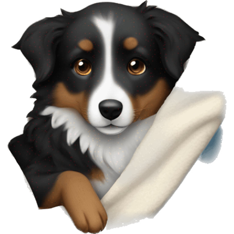 Small black australian shepherd dog sleeping with blanket  emoji