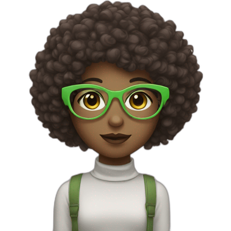 Girl with pink glasses green eyes and afro dark brown curly hair fringe emoji