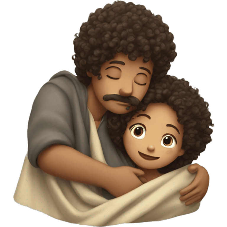 Boy with a moustache hugs a girl with curly hair , under a blanket emoji