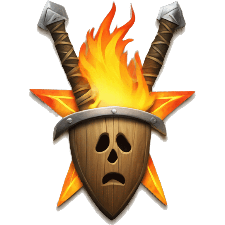 A mix Wood rustic star with a Sword on fire in front of  emoji