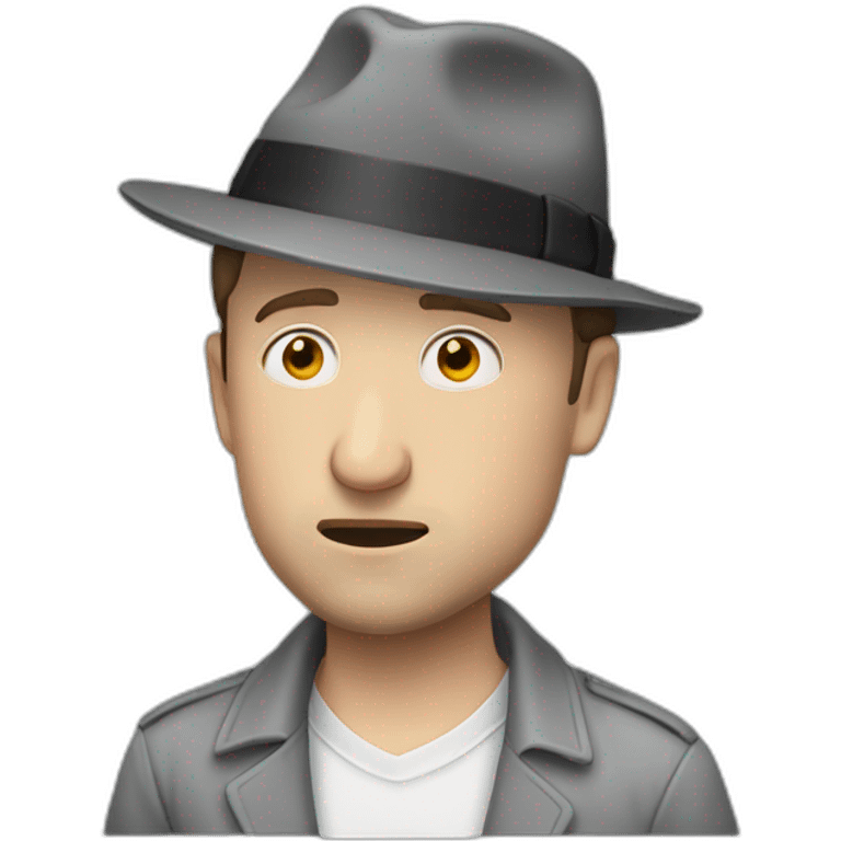 tim robinson wearing a grey fedora white shirt only looking scared and sad side view emoji