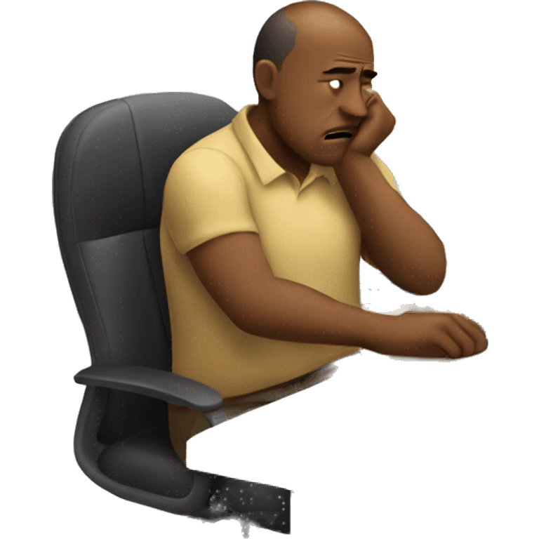 man sitting at a wooden work desk in office chair slumped and looking frustrated emoji