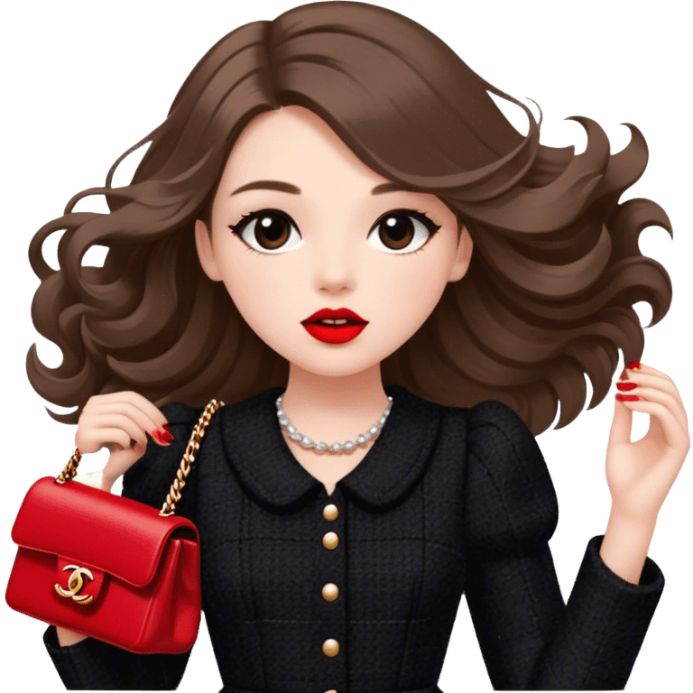 White girl with brown long hair dressed up in black chanel tweed dress carrying a red chanel bag and wearing red lipstick. Close up shot with wind blowing her hair looking fancy emoji