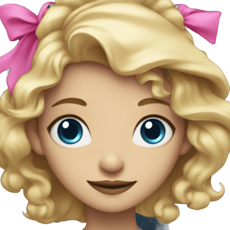 Witchy blonde blue eyed girl smiling, wearing a gold necklace and a black witch hat with a pink bow emoji