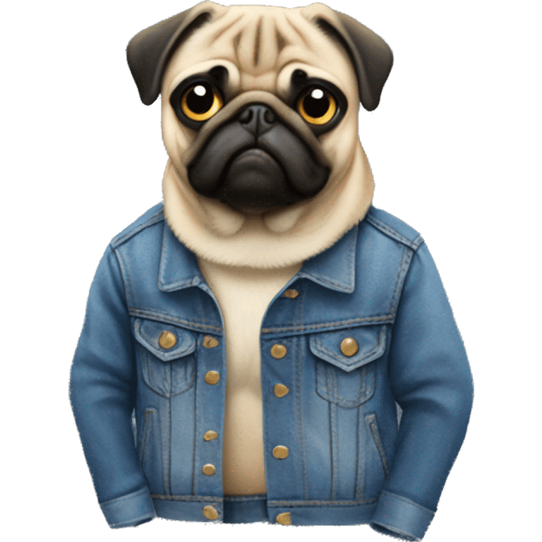 pug wearing a denim jacket with patches on the back of the denim jacket emoji