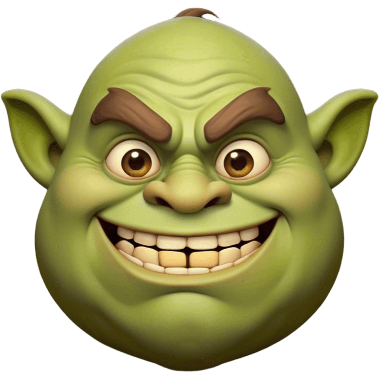 Cinematic Comical Ogre Portrait Emoji, with a strikingly exaggerated, bulky figure in vivid earthy greens and browns, head tilted in a dramatically surprised expression with wide, comically bulging eyes and a goofy, oversized grin, simplified yet hilariously exaggerated, highly detailed with a soft, cartoonish glowing outline capturing the playful absurdity of a meme-worthy ogre! emoji