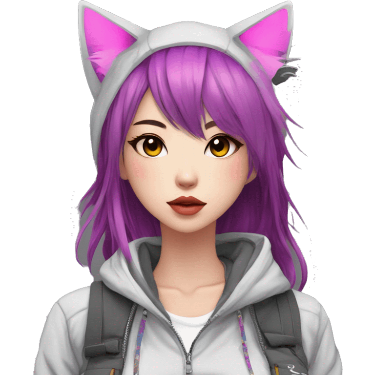 Edgy cool shy colorful Asian urban beautiful pretty anime punk tomboy-lady with cat ears techwear cargo pants hoodie collar  emoji