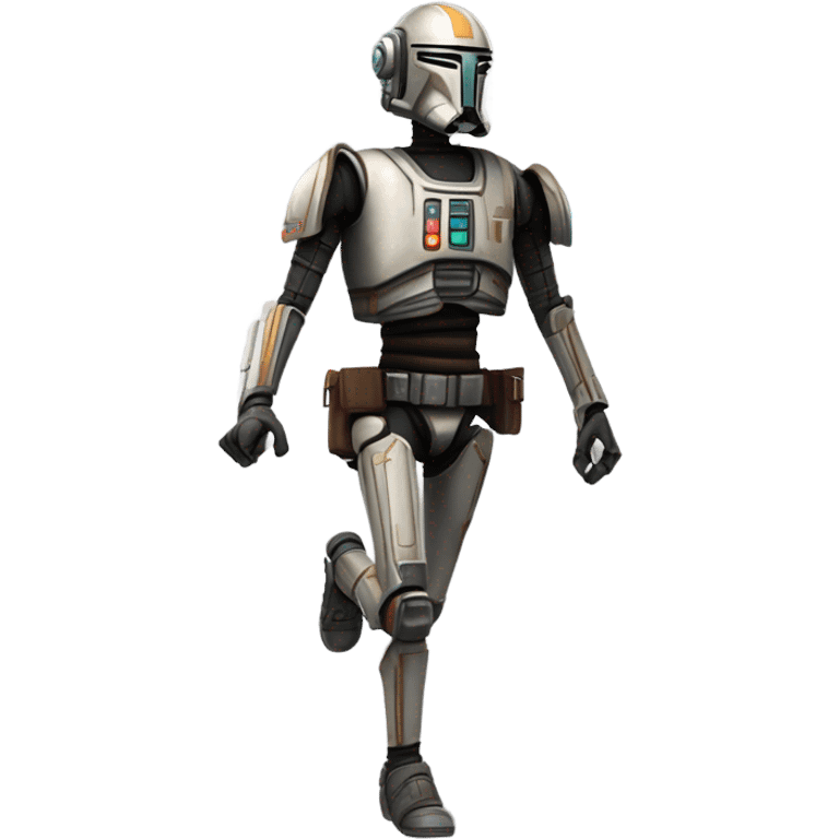 smiling bounty hunter protocol droid wearing backpack, saddlebags and light saber ready to fight running emoji