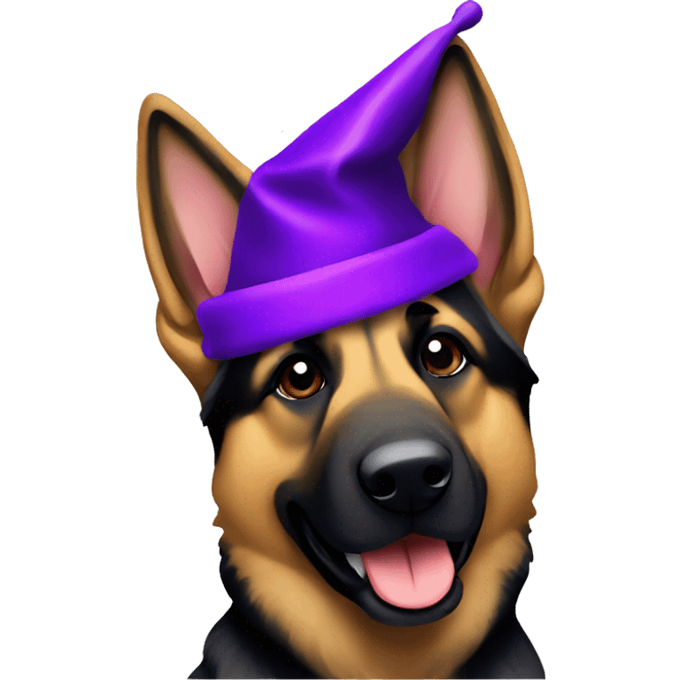 German shepherd with a purple Christmas hat emoji