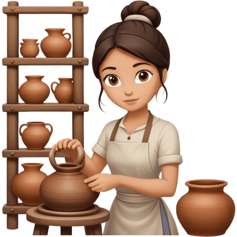 Brunette girl with bun, behind pottery wheel emoji