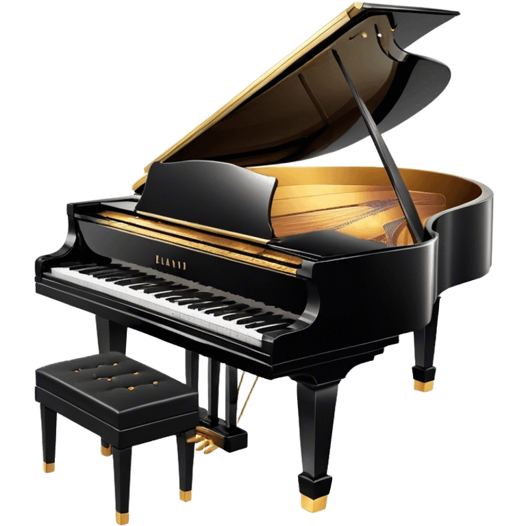 Cinematic Realistic Piano, glossy black grand piano with elegantly curved edges, pristine white and black keys, soft golden light reflecting off its polished surface, faint reflections of a musician’s hands, glowing with refined elegance and musical depth. emoji