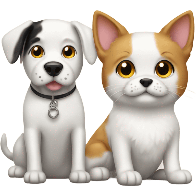 White dog and calico cat sitting next to emoji