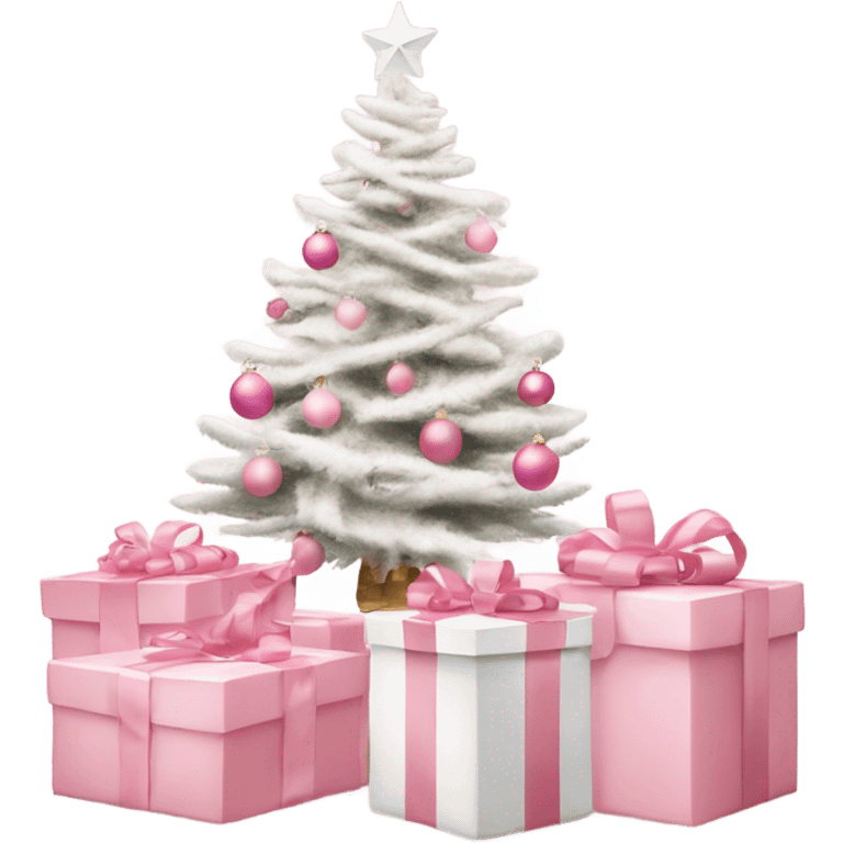 Light pink Christmas gifts under a white Christmas tree  emoji