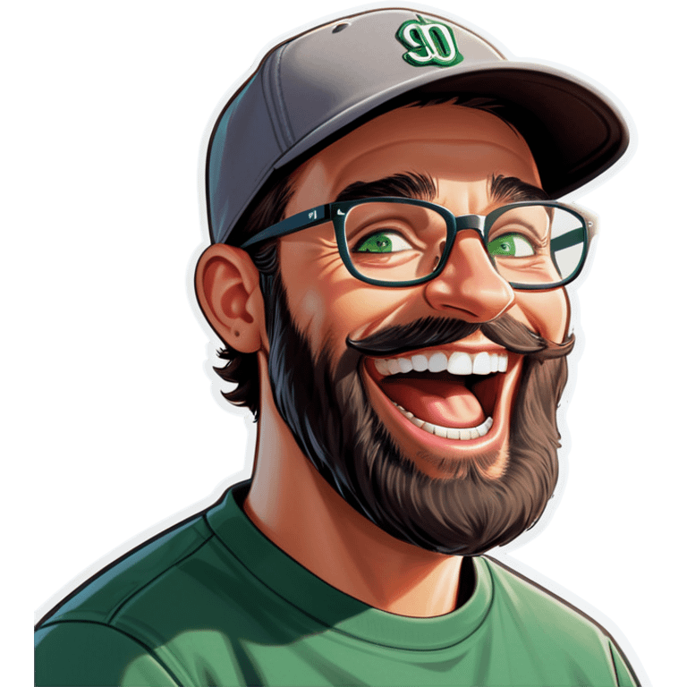 A man with a grey baseball cap, green eyes, big dark brown beard and glasses, laughing emoji