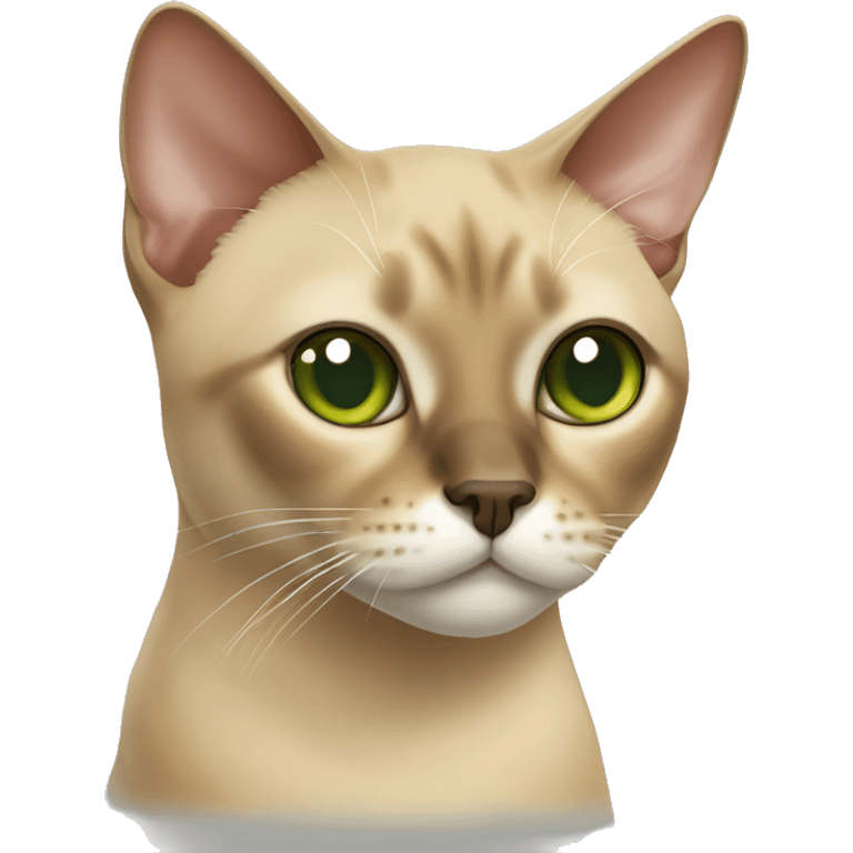 Sandy-colored Burmese cat with white and red spots on the nose with green eyes emoji