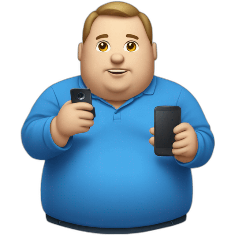 fat man in a blue shirt holding a phone emoji