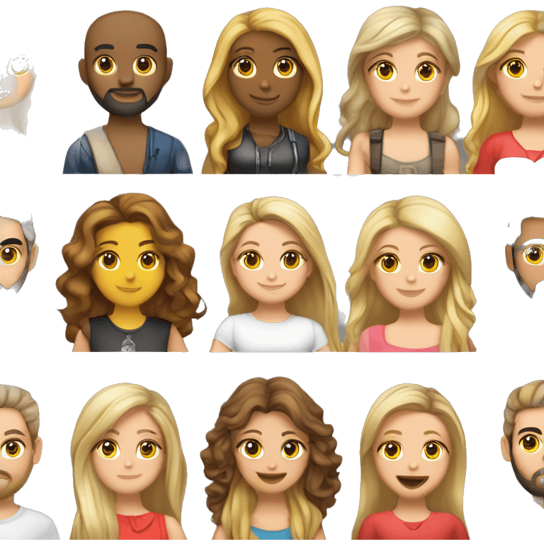 grupo de cinco amigos chica morena pelo largo, chica rubia pelo largo, chica canosa pelo corto, chico barba, chico alto barba  emoji